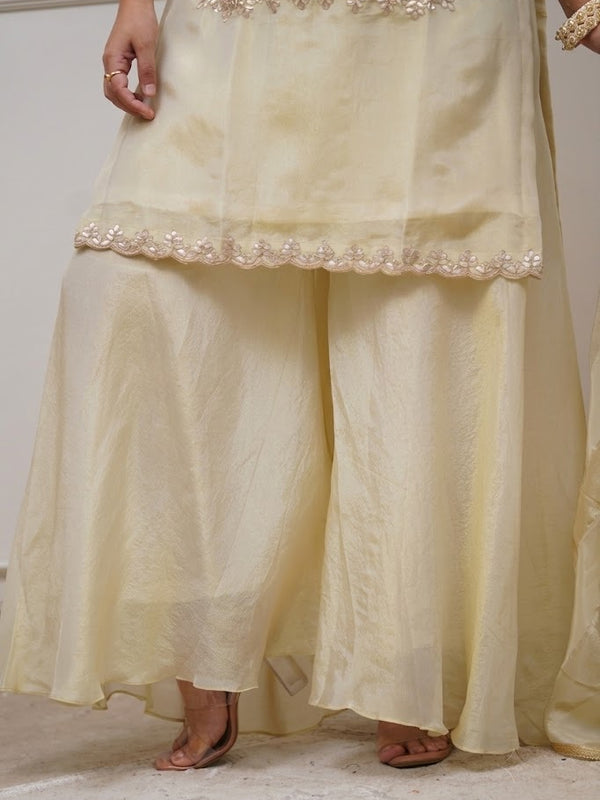 Women's Heavy Chinon Embroidered Kurti Pant Set with Woven Jacquard Dupatta