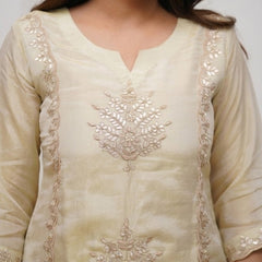 Women's Heavy Chinon Embroidered Kurti Pant Set with Woven Jacquard Dupatta