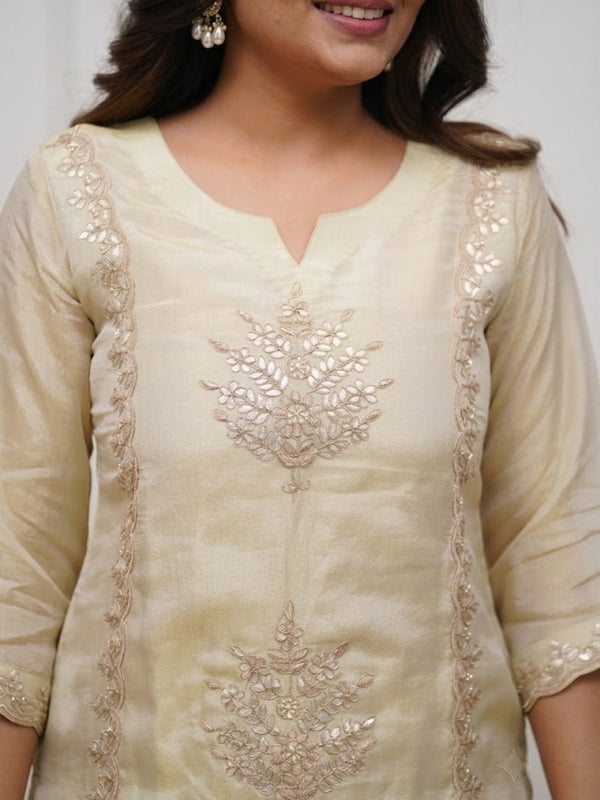 Women's Heavy Chinon Embroidered Kurti Pant Set with Woven Jacquard Dupatta