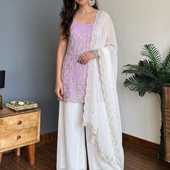 Faux Georgette Embroidered Kurti Pant Set with Embroidered Faux Georgette Dupatta