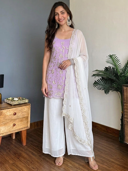 Faux Georgette Embroidered Kurti Pant Set with Embroidered Faux Georgette Dupatta
