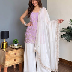 Faux Georgette Embroidered Kurti Pant Set with Embroidered Faux Georgette Dupatta