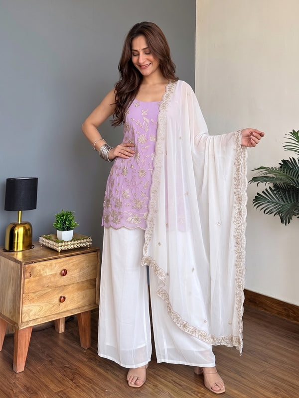 Faux Georgette Embroidered Kurti Pant Set with Embroidered Faux Georgette Dupatta