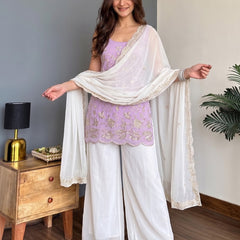 Faux Georgette Embroidered Kurti Pant Set with Embroidered Faux Georgette Dupatta