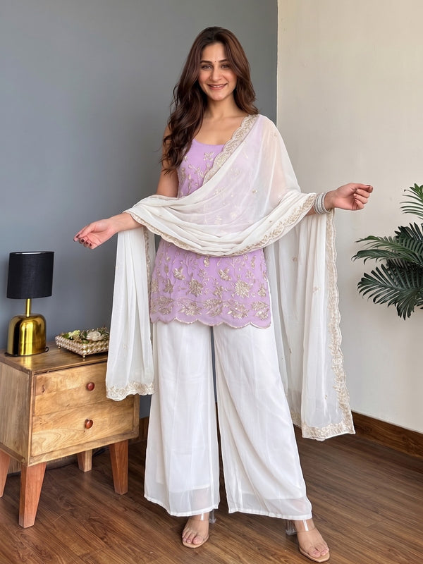 Faux Georgette Embroidered Kurti Pant Set with Embroidered Faux Georgette Dupatta