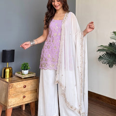 Faux Georgette Embroidered Kurti Pant Set with Embroidered Faux Georgette Dupatta