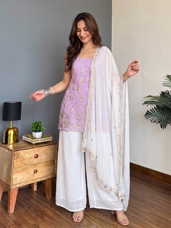 Faux Georgette Embroidered Kurti Pant Set with Embroidered Faux Georgette Dupatta