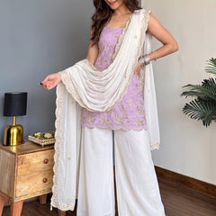 Faux Georgette Embroidered Kurti Pant Set with Embroidered Faux Georgette Dupatta