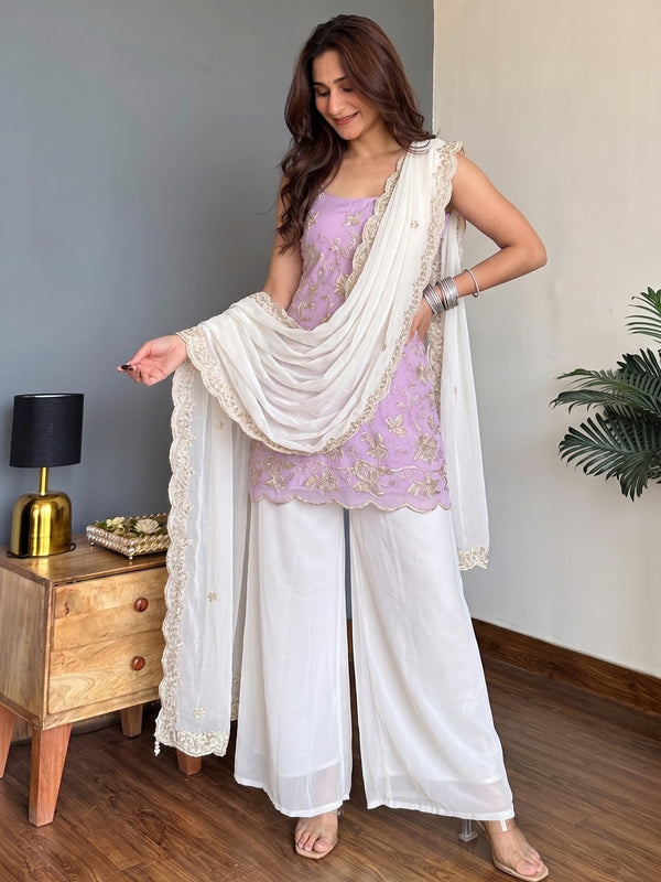 Faux Georgette Embroidered Kurti Pant Set with Embroidered Faux Georgette Dupatta