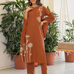 Women's Rayon Slub Printed Kurti Pant Set with Chanderi Dupatta