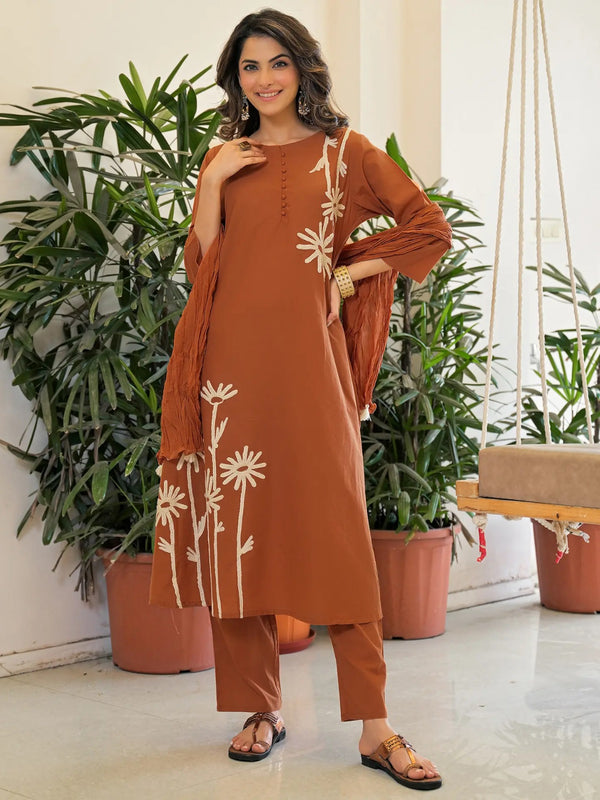 Women's Rayon Slub Printed Kurti Pant Set with Chanderi Dupatta