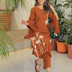 Women's Rayon Slub Printed Kurti Pant Set with Chanderi Dupatta