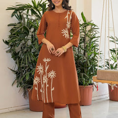 Women's Rayon Slub Printed Kurti Pant Set with Chanderi Dupatta