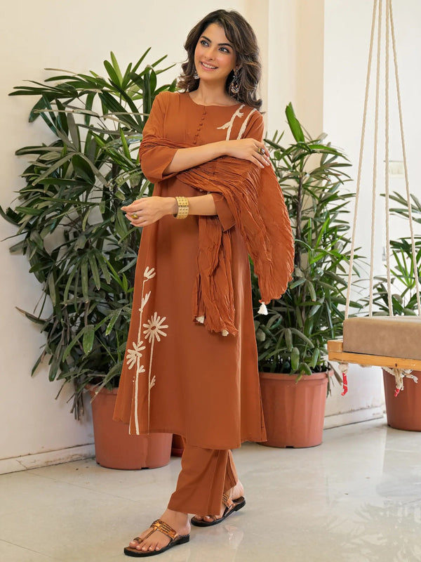 Women's Rayon Slub Printed Kurti Pant Set with Chanderi Dupatta