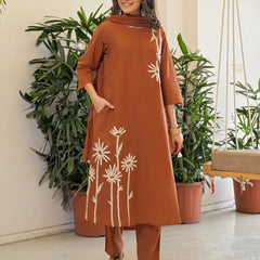 Women's Rayon Slub Printed Kurti Pant Set with Chanderi Dupatta