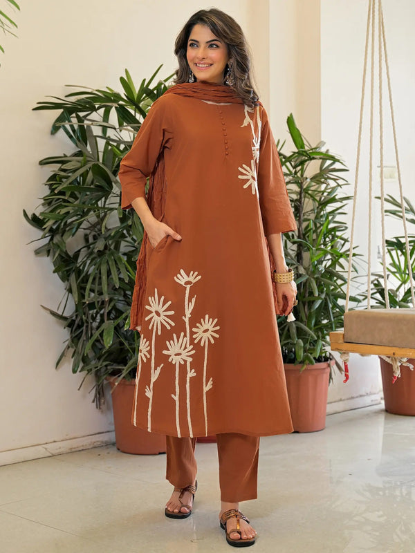 Women's Rayon Slub Printed Kurti Pant Set with Chanderi Dupatta