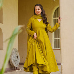 Viscose Chanderi Embroidered Kurti Pant Set with Embellished Chanderi Dupatta
