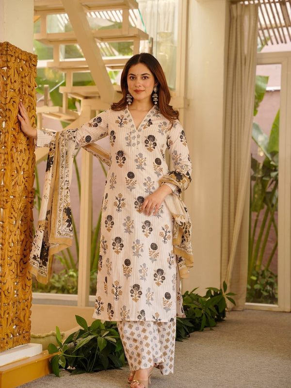 Women's Rayon Slub Printed Kurti Pant Set with Printed Chanderi Cotton Dupatta
