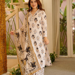 Women's Rayon Slub Printed Kurti Pant Set with Printed Chanderi Cotton Dupatta