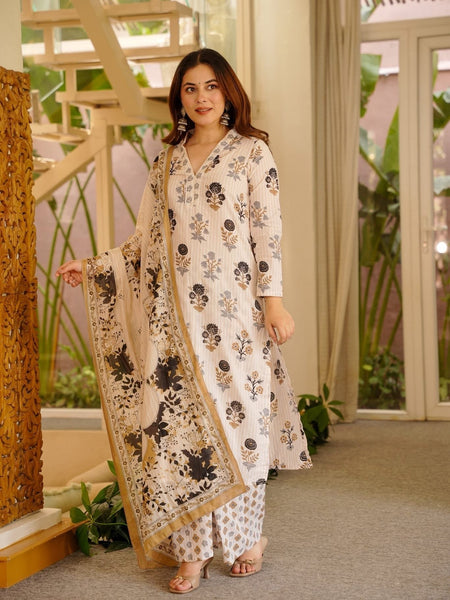 Women's Rayon Slub Printed Kurti Pant Set with Printed Chanderi Cotton Dupatta