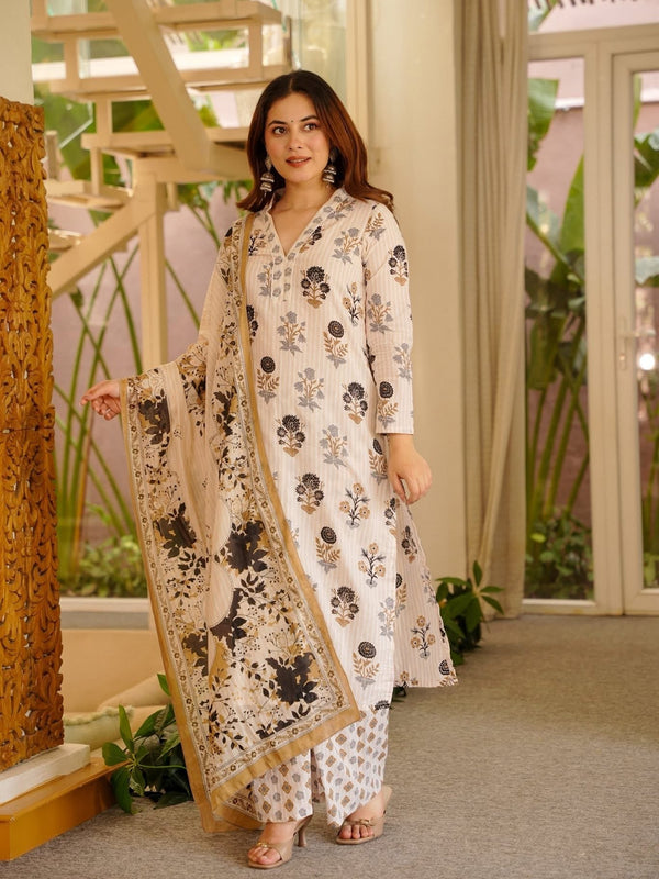 Women's Rayon Slub Printed Kurti Pant Set with Printed Chanderi Cotton Dupatta