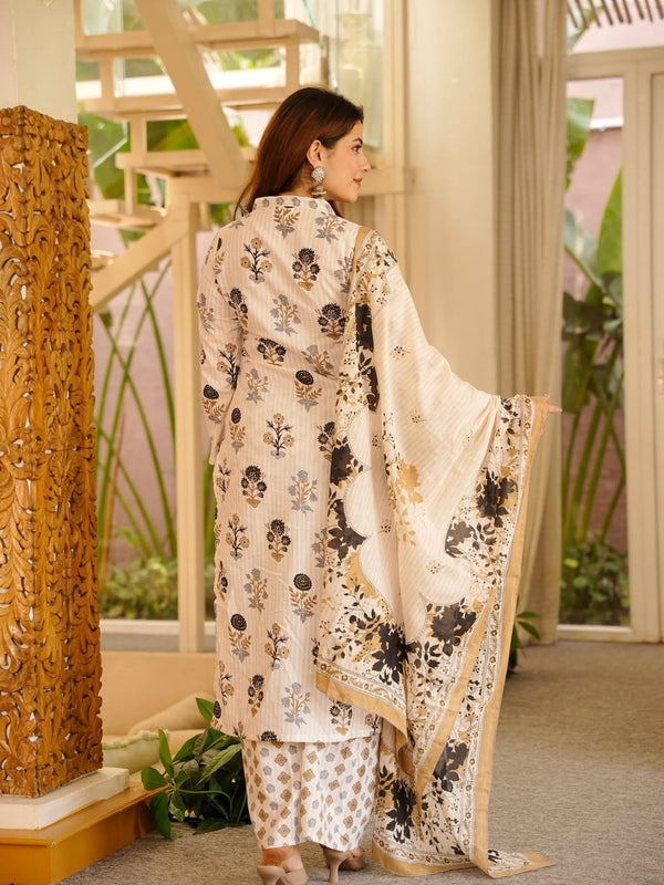 Women's Rayon Slub Printed Kurti Pant Set with Printed Chanderi Cotton Dupatta