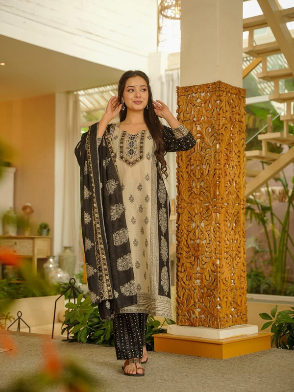 Women's Rayon Slub Printed Kurti Pant Set with Printed Chanderi Cotton Dupatta