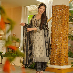 Women's Rayon Slub Printed Kurti Pant Set with Printed Chanderi Cotton Dupatta
