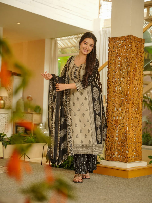 Women's Rayon Slub Printed Kurti Pant Set with Printed Chanderi Cotton Dupatta