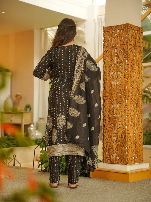 Women's Rayon Slub Printed Kurti Pant Set with Printed Chanderi Cotton Dupatta