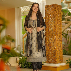 Women's Rayon Slub Printed Kurti Pant Set with Printed Chanderi Cotton Dupatta