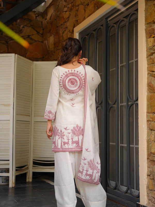 Khadi Cotton Printed Kurti Pant Set with Printed Khadi Cotton Dupatta