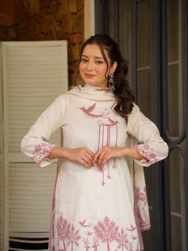 Khadi Cotton Printed Kurti Pant Set with Printed Khadi Cotton Dupatta