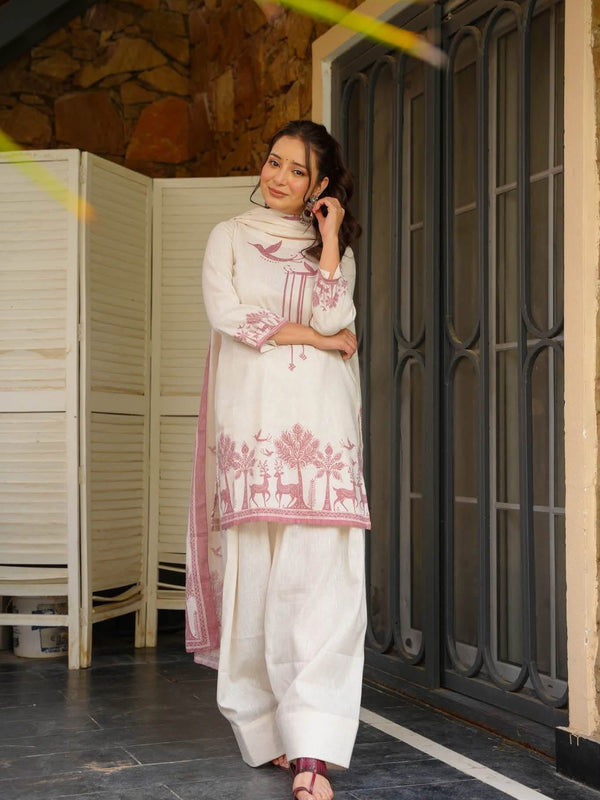 Khadi Cotton Printed Kurti Pant Set with Printed Khadi Cotton Dupatta