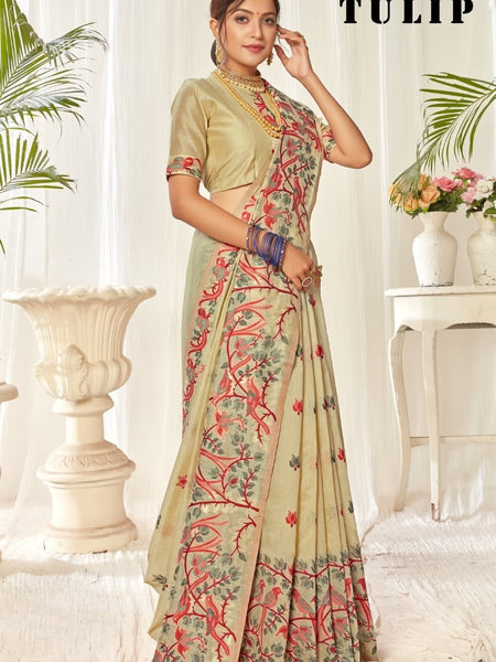 Tulip Linen Cotton Saree with Big Border Parrot & Flower Pallu