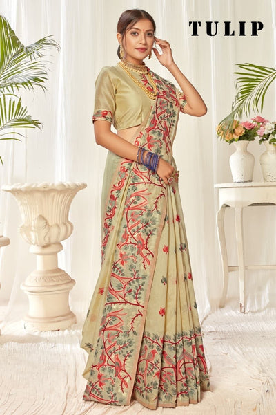 Tulip Linen Cotton Saree with Big Border Parrot & Flower Pallu