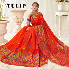 Tulip Linen Cotton Saree with Big Border Parrot & Flower Pallu