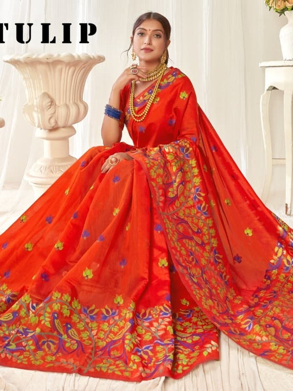 Tulip Linen Cotton Saree with Big Border Parrot & Flower Pallu
