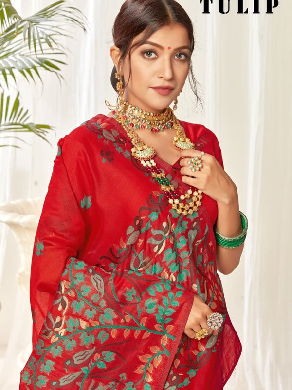 Tulip Linen Cotton Saree with Big Border Parrot & Flower Pallu