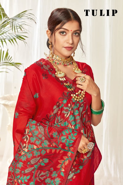 Tulip Linen Cotton Saree with Big Border Parrot & Flower Pallu