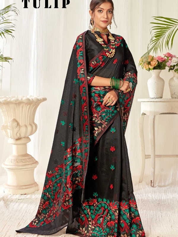 Tulip Linen Cotton Saree with Big Border Parrot & Flower Pallu