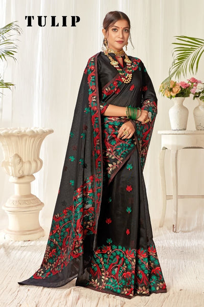 Tulip Linen Cotton Saree with Big Border Parrot & Flower Pallu