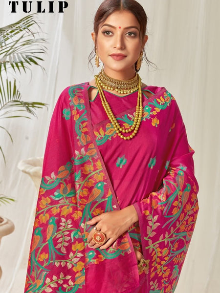 Tulip Linen Cotton Saree with Big Border Parrot & Flower Pallu
