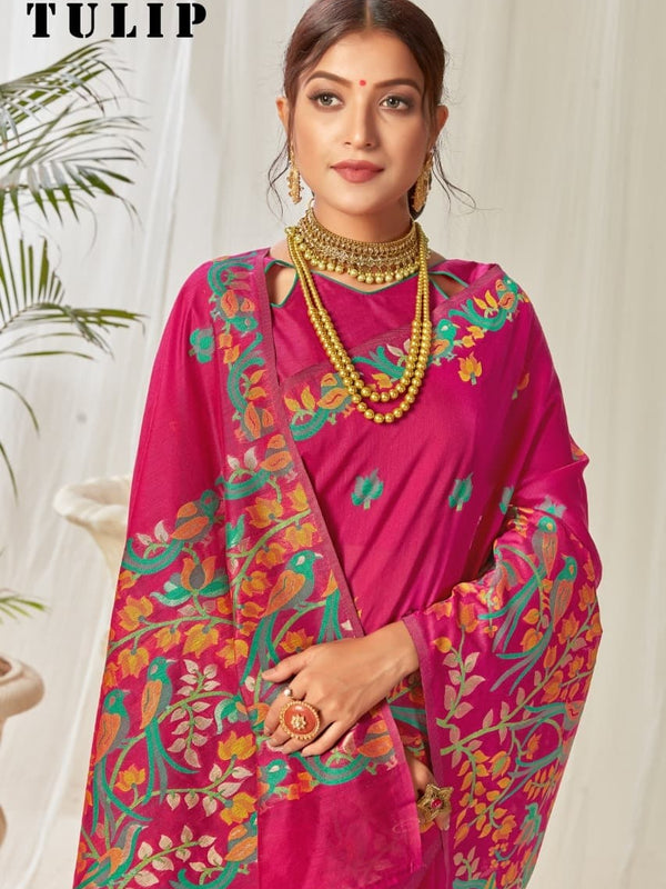 Tulip Linen Cotton Saree with Big Border Parrot & Flower Pallu