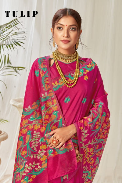 Tulip Linen Cotton Saree with Big Border Parrot & Flower Pallu