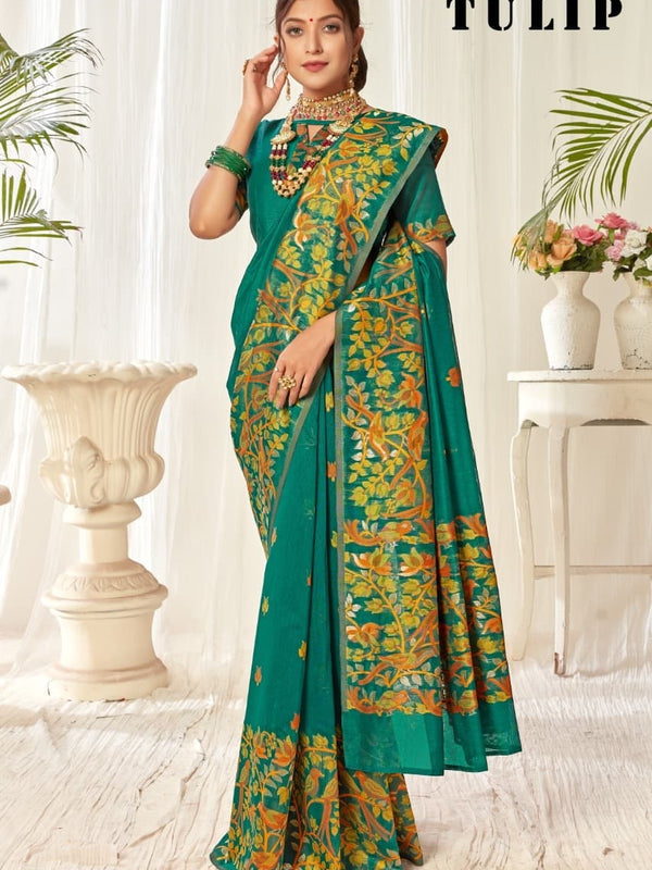 Tulip Linen Cotton Saree with Big Border Parrot & Flower Pallu