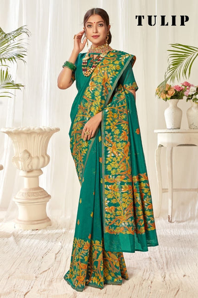 Tulip Linen Cotton Saree with Big Border Parrot & Flower Pallu