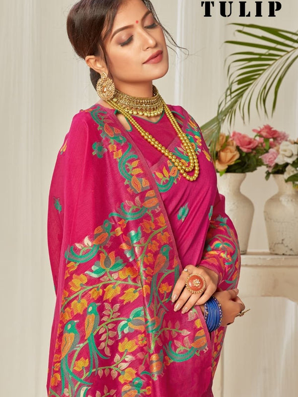 Tulip Linen Cotton Saree with Big Border Parrot & Flower Pallu
