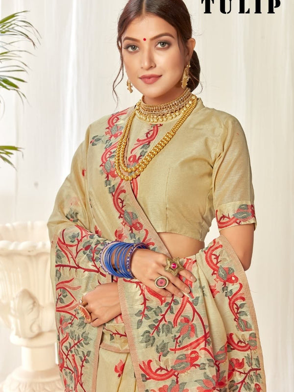 Tulip Linen Cotton Saree with Big Border Parrot & Flower Pallu