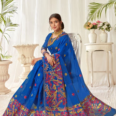 Tulip Linen Cotton Saree with Big Border Parrot & Flower Pallu